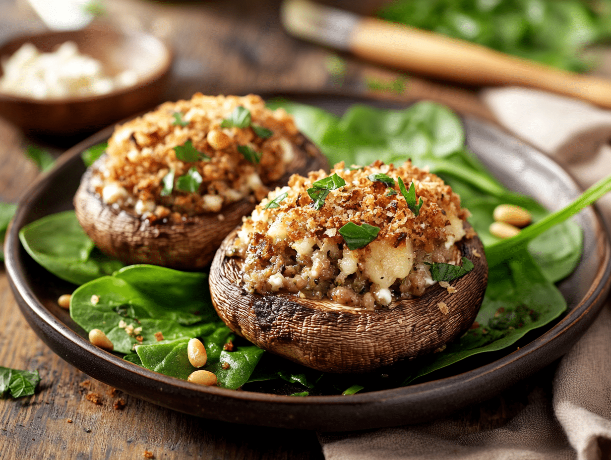 Turkey-Stuffed Portobello Mushrooms with Feta & Pine Nuts